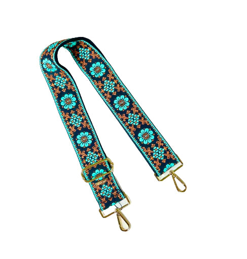 Thomas & Lee Black Blue Camel Embroidered Guitar Purse Strap