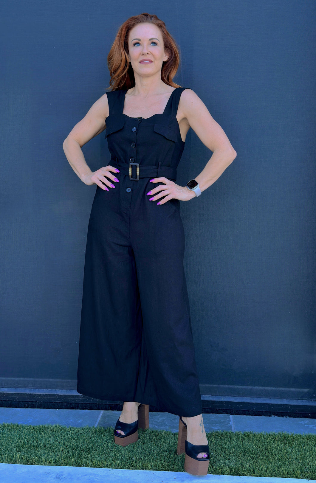 Black Sleeveless Button Down Jumpsuit