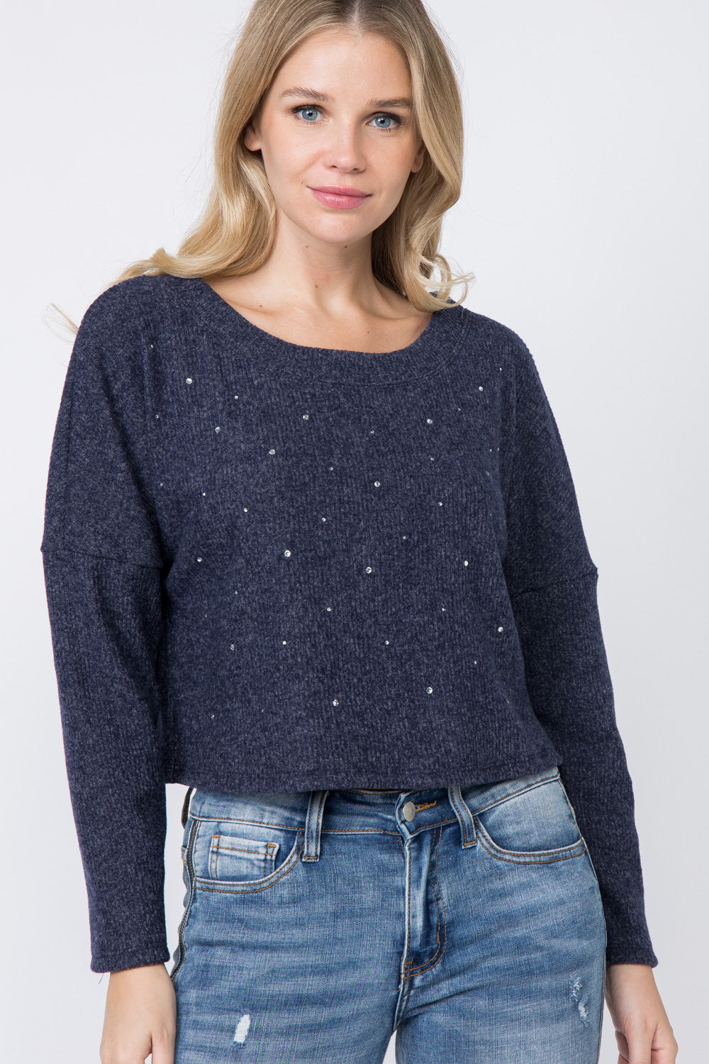 Blue Crop Sweater W/Stones