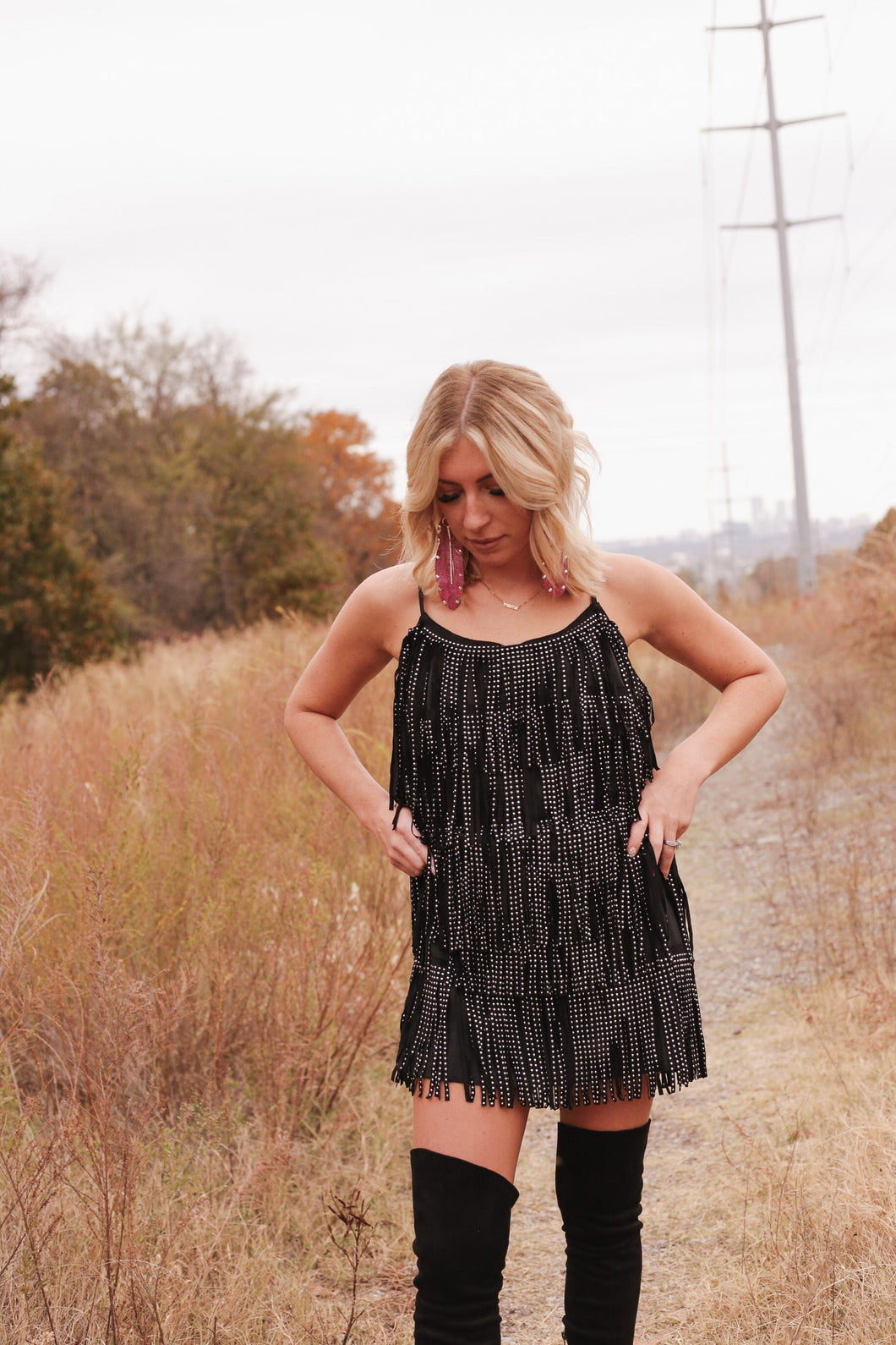 Black Stud Fringe Dress